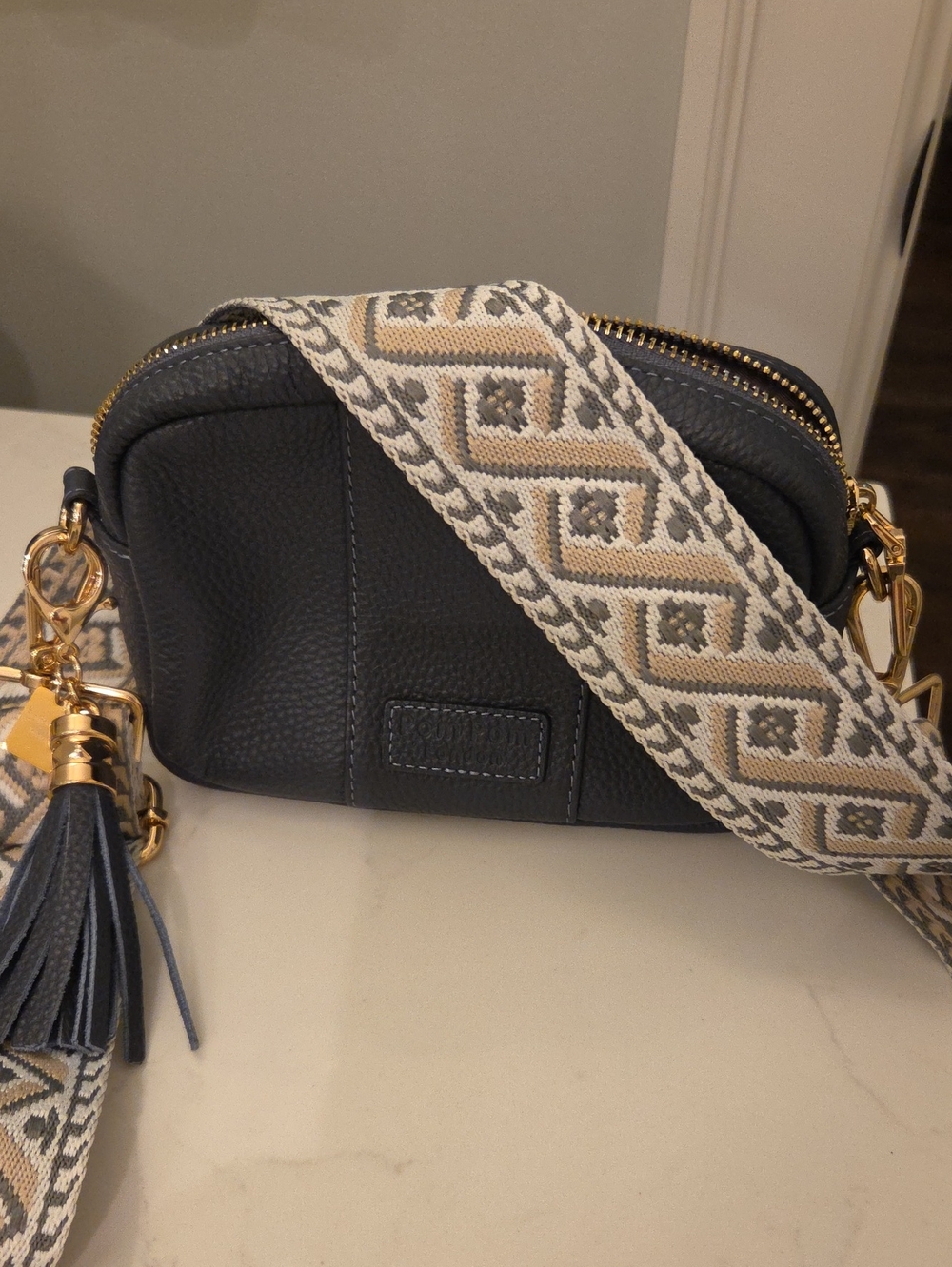 Slate Blue Leather Crossbody Bag with Patterned Strap